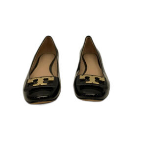 Tory Burch "GIGI" Black Gold Logo Patent Leather Block Heel Slip On Pump -6